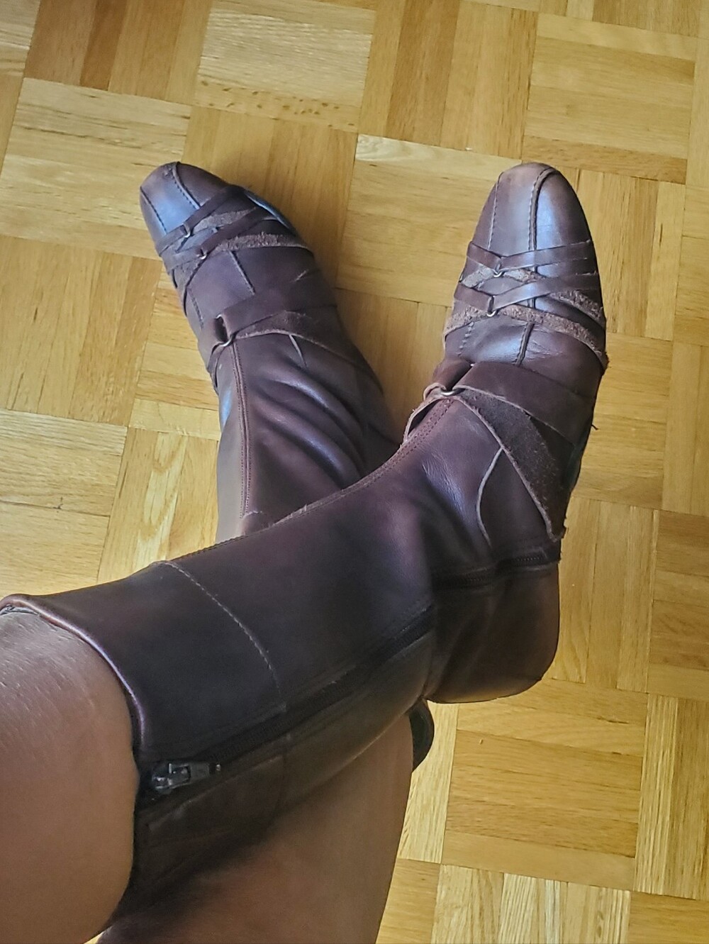 Vintage Brown Real Leather Moto Boxing Strappy Flat Zip Boots